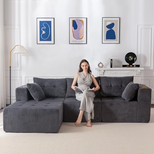 MAXYOYO Ecksofa Corduroy mit Becherhalter, Modulares Sofa umbaubar in L-Form und Doppel Schlafsofa, Boneless Couch 3 Sitzer für Wohnzimmer, Keine Montage Erforderlich