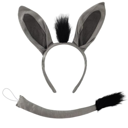 ATSNOSH 2 Stück Esel Kostüm Set, Tier Kostüm Set, Haarreif mit Ohren, Schwanz, Party Dekoration Zubehör, Tier Verkleiden Set, Karneval, Fasching, Maskerade, Cosplay (Grau)