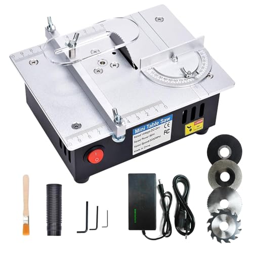 Tischkreisäge mit 4 Klingen,7-Gang-Netzteil Einstellbarer,Tischkissägen Tragbare Präzisions Table Saw 0,1-15mm Sägeblatt Hönverstellbarer, Mini Tischkreissäge für DIY-Holzbearbeitugsprojekte