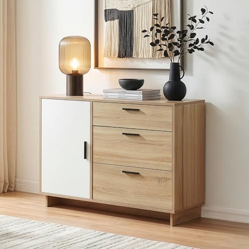 [en.casa] Sideboard Kenta Kommode mit 1 Tür und 3 Schubladen Mehrzweckschrank 100 x 35 x 72 cm Wohnzimmerschrank Buffetschrank Sonoma-Eicheoptik/Weiß
