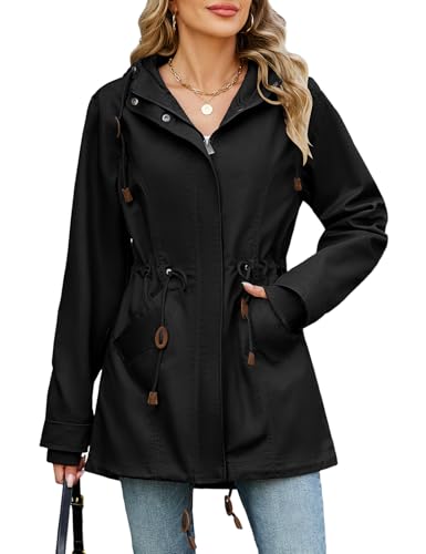 Vancavoo Übergangsjacke Damen Elegant Jacke Frühling Herbst Outdoor Übergang Mantel Frühjahrsjacke Leichte Winterjacke Baumwolle Coat mit Kapuze mit Kordelzug,Schwarz,L