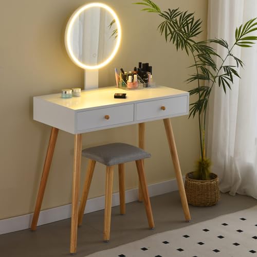 Ezigoo Schminktisch mit Beleuchtung Spiegel 80cm Groß Kosmetiktisch in Weiß mit 2 Schubladen, gepolsterter Hocker