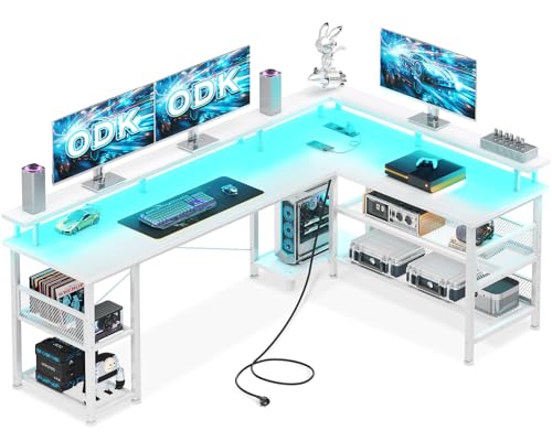 ODK Gaming Eckschreibtisch mit LED und Steckdose, 168×120 cm, Weiß