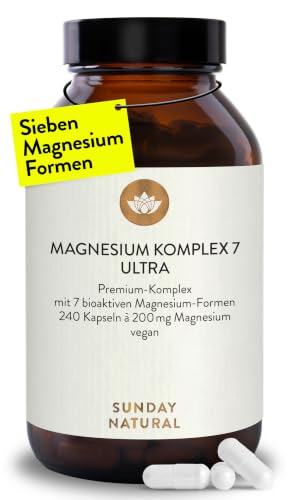 SUNDAY NATURAL® Magnesium Komplex – 240 Kapseln - 400mg pro Tag - aus 7 Verbindungen: Magnesium Bisglycinat, Citrat, Malat, Laktat, Ascorbat, Oxid, Lysinat - Vegan, laborgeprüft