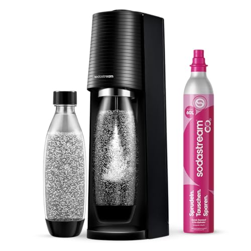 SodaStream TERRA Wassersprudler - 1x Sprudlerflasche, CO2-Zylinder, Schwarz | Sprudelwasser-Maschine mit 60L Quick-Connect CO2-Zylinder, 1x 1L Kunststoffflasche, spülmaschinengeeignet, Höhe 44cm