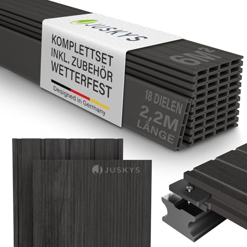 Juskys WPC Terrassendielen 6 m² – 220 cm Dielen, wetterfest & pflegeleicht, inkl. Unterkonstruktion, Clips & Schrauben, rutschfest für Terrasse & Balkon – Grau