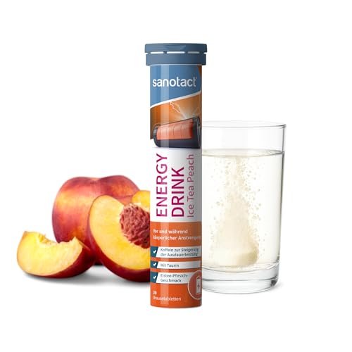 sanotact Energy Drink Brausetabletten Eistee Pfirsich (20 Stück) – Taurin + Koffein + B-Vitamine – Zuckerfrei & Kalorienfrei – Für Energie, Ausdauer & Fokus