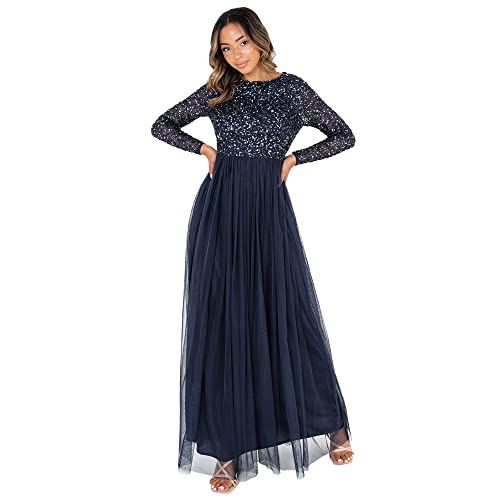Maya Deluxe Damen Maya Deluxe Navy Embellished Long Sleeve Maxi Bridesmaid Dress, Navy, 42 EU(14 UK)