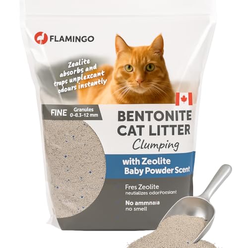 Flamingo Katzenstreu - katzenstreu klumpstreu - Babypuder-Duft - 12L (12KG) für 10 Wochen - Herkunft Kanada - Blauer Zeolith für ultraschnelle Geruchskontroll - Ideal für 1 oder mehrere Katzen