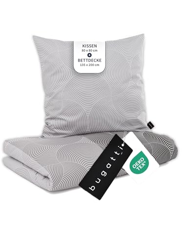 bugatti Bettwäsche 135x200 cm - 100% Baumwolle, Reißverschluss, anschmiegsam, weich & waschbar, Mako Satinbettwäsche Kreise grafisch grau
