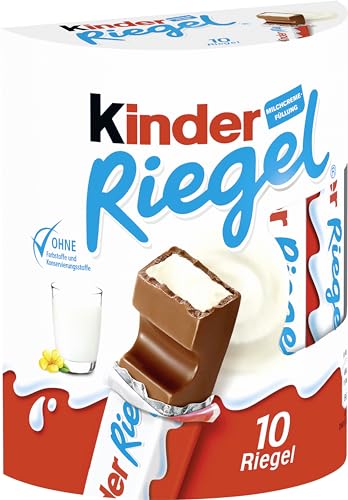 Kinder Riegel - 10 Einzelriegel, einzeln verpackte Schokoriegel, zartschmelzende Vollmilchschokolade mit Milchcremefüllung, ohne Farb- und Konservierungsstoffe, 210g