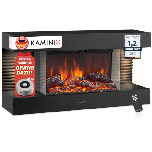 KAMINIO® Liz 82 Elektrokamin mit Heizung [Wandkamin elektrisch] Schwarz | Elektrischer Kamin zur Wandmontage mit 3D-Kaminfeuer in 5 Stufen, 2 Deko-Fächern mit LED, Timer, Thermostat & Fernbedienung