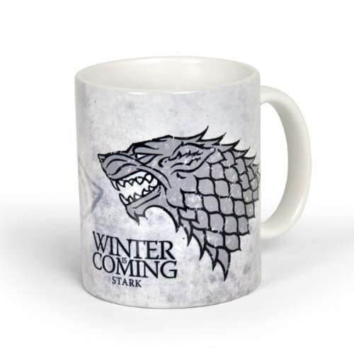 Elbenwald Game of Thrones Tasse Haus Stark Rundumdruck mit Leitspruch und Schattenwolf Kramik 300 ml weiß