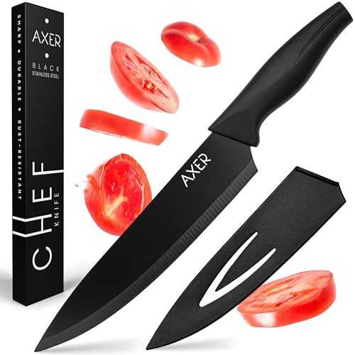 Axer Kochmesser 20 cm - Scharfes Küchenmesser mit Klingenschutz - Schwarzes Chefmesser - Chef Knife - Koch Messer Scharf - Carbonstahl Messer mit Scheide, Schwarz