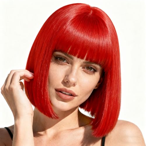 PARXITN Bob Perücke mit Pony Rot Perücke 28cm Synthetikhaar Schulter Länge Party Cosplay Halloween Karneval Fasching gewellt Perücken für Frauen Damen