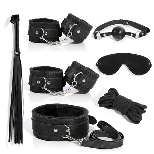 BDSM-Sex-Fessel-Set, 7-teiliges Fessel-Set, Fetisch-Bettfessel-Set, Handschellen, Seil-Halsband, SM-Augenbinde, Erotikspielzeug für Frauen (Schwarz)