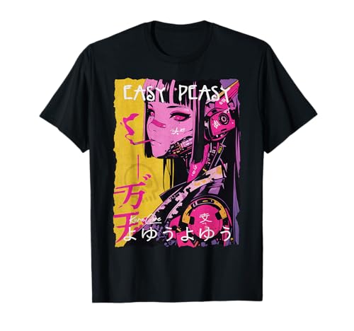 KuraCore Japanischer Streetwear Cyberpunk Y2K Techwear Retro Manga Anime Unisex T-Shirt Schwarz Klein