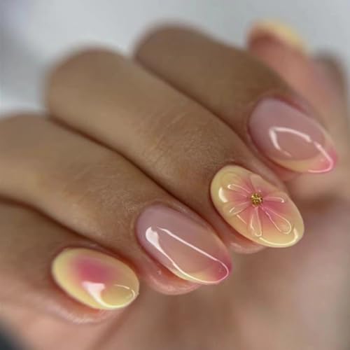 GlamRays Press on Nails Kurz Mandeln French Tip Falsche Nägel Falsche Nägel mit Design 3D Blume Gelb & Rosa Stick on Nägel Glanz Kleben Nägel Acrylnägel 24 Stück