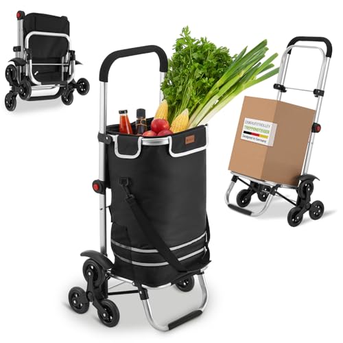 Juskys 3in1 Einkaufstrolley für Treppen - 56 L, modern & klappbar - Treppensteiger Trolley zum Shopping - Sackkarre & Tasche - Trolli Schwarz
