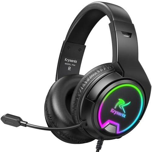 Krysenix PG4 Wired Gaming Headset für PS4, PS5, PC, Xbox, Switch, Gaming Kopfhörer mit Noise Cancelling Mikrofon, 3.5mm Klinke, Surround Sound, Headset mit LED Licht, Tintenschwarz
