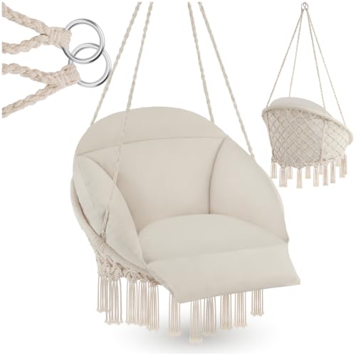 tectake® Hängesessel, Hängeschaukel mit dicken Kissen & Quasten, Boho Hängekorb Ø 80 cm, Hängesessel mit Gestell für Garten, Balkon und Wohnzimmer, Nestschaukel Outdoor & Indoor, Gartenstuhl - beige