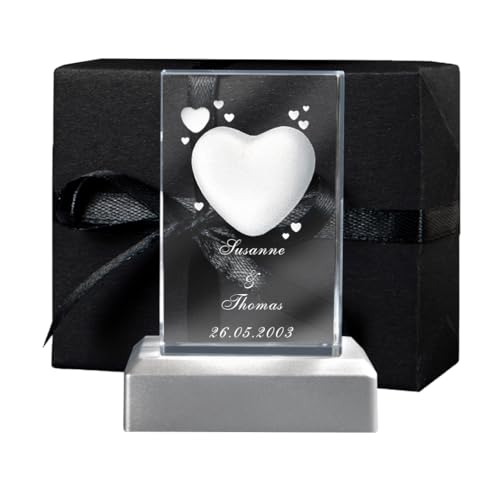 LOOXIS Personalisierte 3D Herz-Gravur im Glas – versch. Motive, Namen, Wunsch-Text – Geschenk-Idee zu Weihnachten, Valentinstag, Jahrestag – für Partner/in, Frauen, Männer – M inkl. LED Leuchtsockel