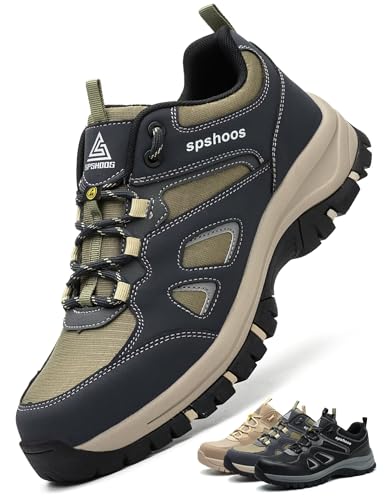 SPSHOOS Arbeitsschuhe Herren S1P Sicherheitsschuhe Damen Leicht ESD Stahlkappenschuhe Küche rutschfest Atmungsaktiv Sportlich Armeegrün dunkelblau EU 42