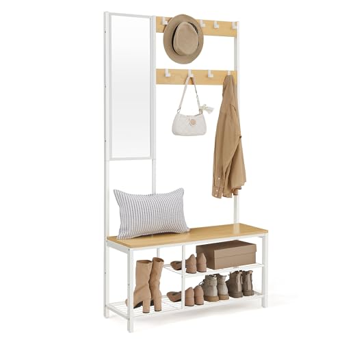 VASAGLE Garderobenständer, Garderobe mit Haken, Kleiderständer mit Spiegel, Schuhbank und Ablagen, 36 x 98 x 185 cm, für Flur, Schlafzimmer, Wohnzimmer, eichenfarben-weiß HSR050W09