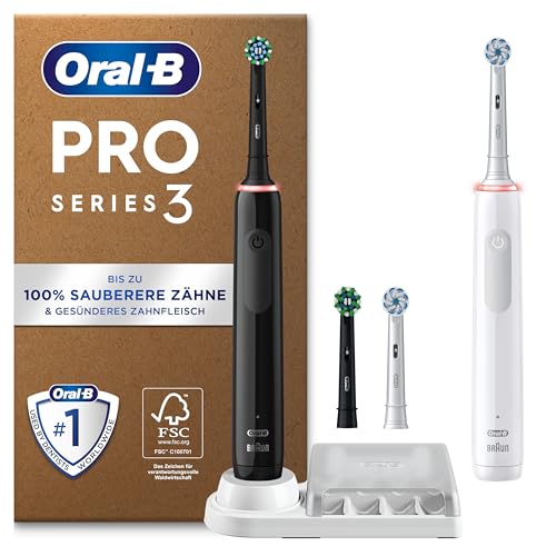 Oral-B Pro Series 3 Plus Edition Doppelpack Elektrische Zahnbürste, 4 Aufsteckbürsten, mit visueller 360° Andruckkontrolle für Zahnpflege, Designed by Braun, Black/White