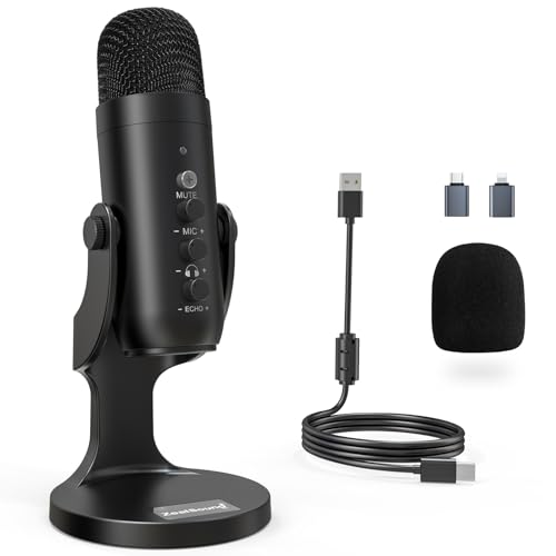 ZealSound USB Mikrofon für PC Mac iPhone Android PS5– Rauschunterdrückung & Mute,Plug & Play Kondensator Mikrofon für Gaming Streaming Podcast ASMR Youtuber Tiktok– Inkl. USB-C & Lightning adapter,K66