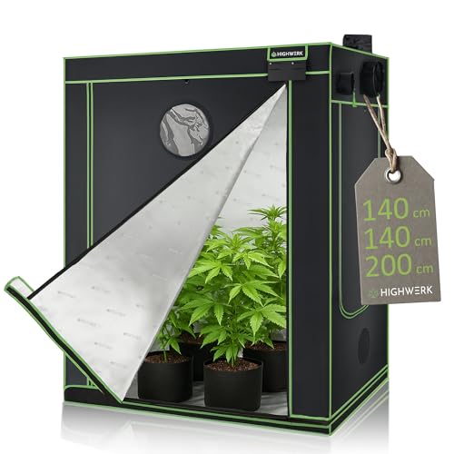 HIGHWERK Growzelt 140 x 140 x 200 cm | Indoor Grow Tent für Pflanzenzucht | schwarz grün | Growbox, Homegrow, Growschrank | Zuchtzelt, Pflanzenzelt, Anzuchtzelt, Gewächshaus, Indoor Garden