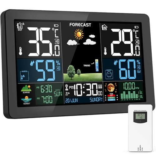 HAOYAO Wetterstation Funk mit Außensensor, Farbdisplay, Wettervorhersage, Temperatur, Luftfeuchtigkeit, Wecker mit Schlummerfunktion, Luftdruck,60m Übertragungsentfernung, für Innen und Außen