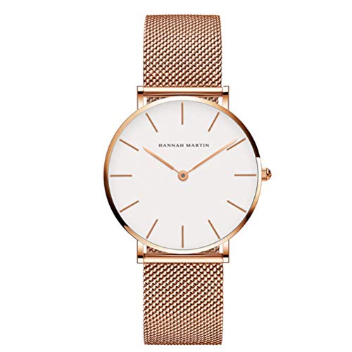 Hannah Martin Damen Uhren Analog Quarz Edelstahl Wasserdicht Mesh Ultradünne (Weiß Oberfläche ,Rosegold Armband)