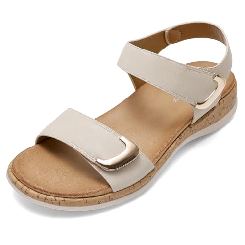 Littleplum Damen Sandalen Sommer Flach Sandaletten Bequem Freizeit Sommerschuhe(Beige,40EU)