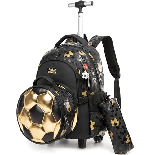 HTgroce Schulranzen mit Rollen, Rucksack mit Trolley für Kinder, für Schule, Reisen, schwarzer Fußball Rucksack