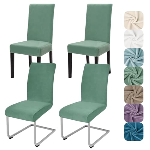 Alishomtll Stretch Samt Stuhlhussen 4er Set Velvet/Velour Stuhlbezug Schwingstuhl Elastische Hussen Waschbarer Stühle Schutz für Küche Restaurant Hotel Bankett Hochzeit (Bohnengrün, 4 Stück)