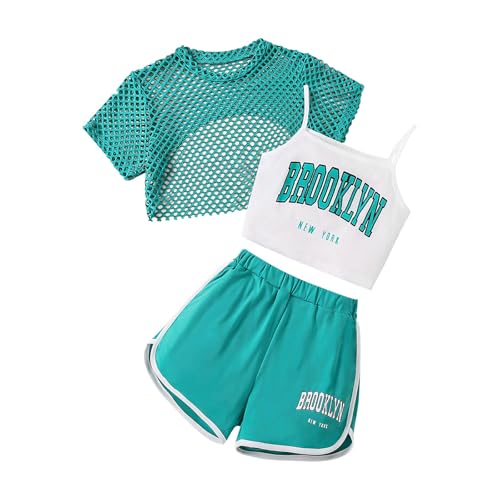 Kinder Set Kleidung Mädchen 3-teiliges Set, lässig, lockere Passform, ärmelloses Oberteil Shorts, Kombination für Outdoor-Aktivitäten, 8–14, bequeme, atmungsaktive Spielkleidung (Green, 9-10 Years)