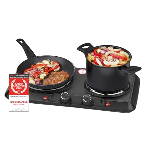 TZS First Austria - Doppelkochplatte 2500W - Gusseisen-Kochfelder 180 & 150 mm - Stufenlose Thermostatsteuerung - Mobile Herdplatte für Camping & Küche - Schwarz