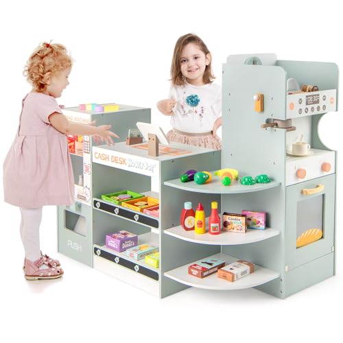 GOPLUS Kinder Kaufladen, Kaufmannsladen Holz mit Kasse, Kaffeemaschine, Ofen, Verkaufsautomat, Regalen inkl. Zubehör, Supermarkt Spielzeug Set, Einkaufsladen Kinder für Jungen & Mädchen ab 3 Jahren