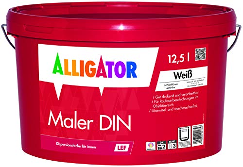 ALLIGATOR Maler DIN Innenfarbe Weiß 12,5 Liter -Stumpfmatte Raumfarbe - Wandfarbe gute Deckkraft - Made in Germany