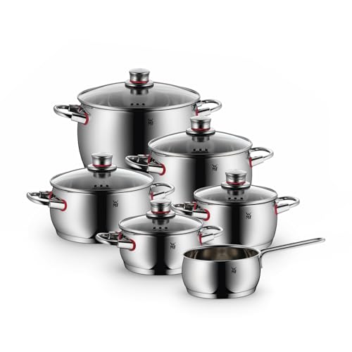 WMF Quality One Topfset Induktion 6-teilig, Kochtopf Set mit Glasdeckel, Cromargan Edelstahl poliert, Induktions Töpfe Set unbeschichtet, Dampföffnung
