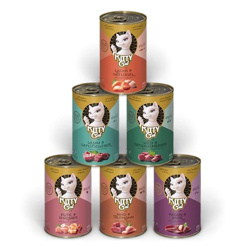 KITTY Cat Paté Mix 2, 6 x 400 g, Nassfutter für Katzen im Probierpaket, getreidefreies Katzenfutter mit Taurin, Lachsöl und Grünlippmuschel, Alleinfuttermittel mit hohem Fleischanteil, Made in Germany