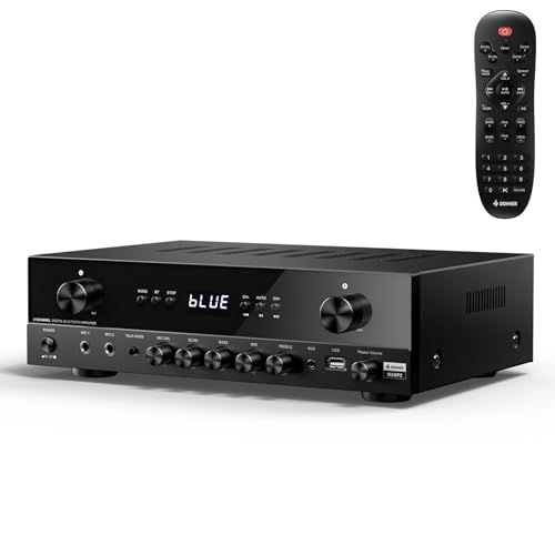 Donner Stereo Verstärker, 600 W Peak, 2-Kanal-Receiver mit Bluetooth 5.3, Phono, Optisch, Koaxial, USB, FM, 2 Mikrofoneingänge, Aux, Cinch-Eingang für Heim-, Karaoke- und Theaterlautsprecher, MAMP2