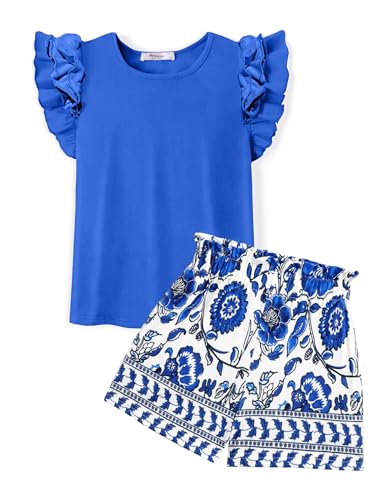 Arshiner Bekleidungssets Mädchen Sommer Ärmelloses T-Shirt mit Shorts Outfit Kinder Baumwolle Kleidung Set Casual Mode Zweiteiler Mädchenkleidung mit Tasche Blau 9-10 Jahre
