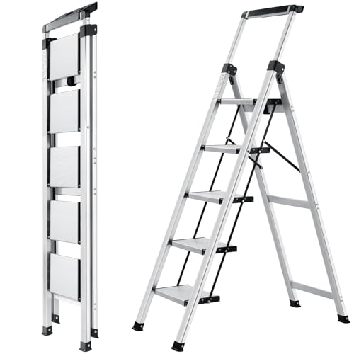 XinSunho Stufenleiter 5 Stufen mit Handlauf, Klappleiter Aluminium bis 150 kg, rutschfeste Haushaltsleiter mit Ablageschale, Faltbare Trittleiter für Küche, Büro und Garage