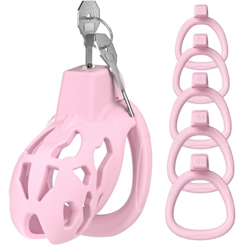 Meeteel Hohldesign Peniskäfig für Männer Harz Keuschheitskäfig Herren Sexspielzeug mit 5 Penisringe 3D Chastity Cage Male SM Penis Käfig Extrem Pink Keuschheitsgürtel Fesseln & Bondage, Mittel