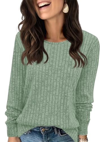 Fisoew Pullover Damen Langarmshirt Leichter Rundhals Casual Strickpullover Oberteil Loose Fit Pulli Sweatshirt,Armeegrün,XL
