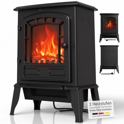 Juskys® Elektrokamin 2000 W — Schwarz, elektrischer Standkamin mit Flammeneffekt, 2 Heizstufen, Thermostat & Sicherheitsabschaltung für Wohnzimmer