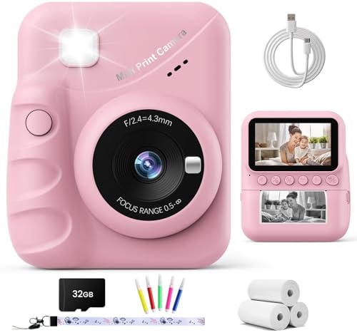 TIATUA Kinderkamera Sofortbildkamera, 48MP 3.0 Zoll Sofortbildkamera Kinder mit 32G Karte & 3 Rollen Druckpapier, Geschenke für Jungen & Mädchen von 3-12 Jahren (Rosa)