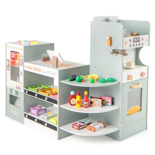 DREAMADE Kaufladen Kinder, Kaufmansladen Holz mit realistischer Kasse & Verkaufsautomat, Spiel-Supermarkt mit Zubehör & Kaffeemaschine, Verkaufsstand Spielzeug Set für Kinder ab 3 Jahren (Grau+Weiß)